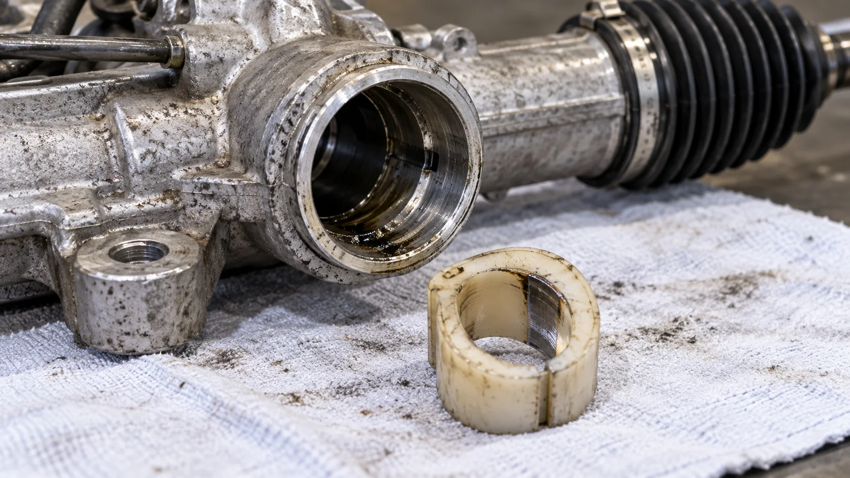 Снятая пластиковая опорная втулка с полосой износа рядом с корпусом рулевой рейки