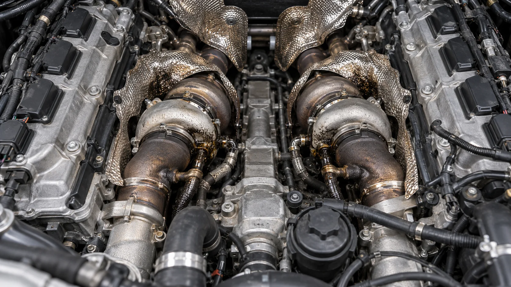 Масляные следы и нагар вокруг турбин в развале блока V8