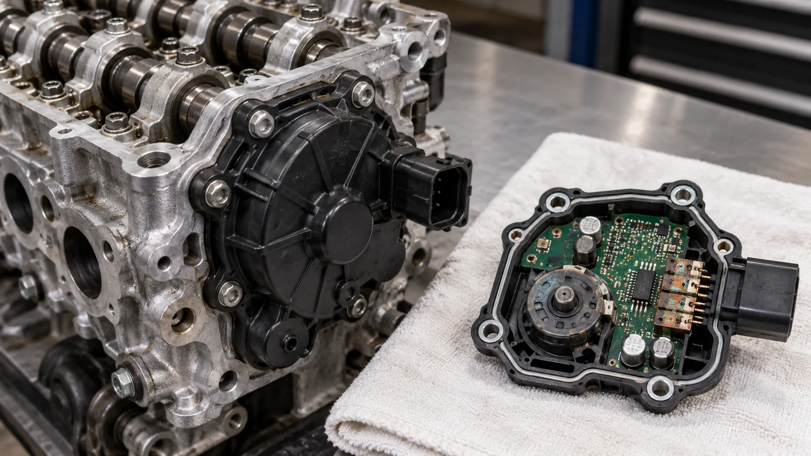 Блок Valvematic на торце головки и снятый блок со вскрытой платой